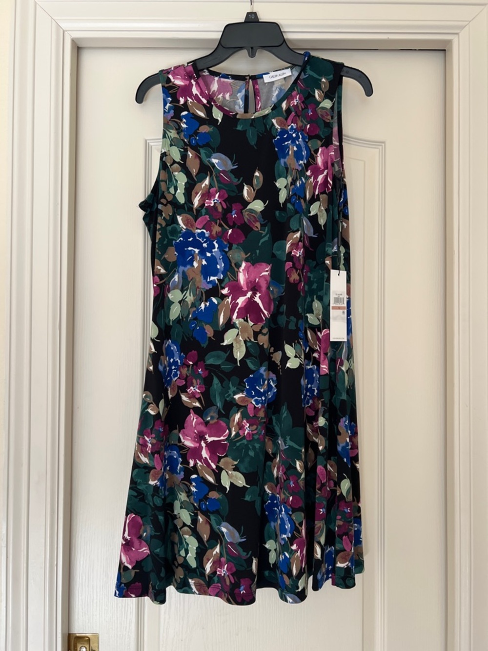 NWT Calvin Klein Black Floral Dress with Blue and Pink Blooms